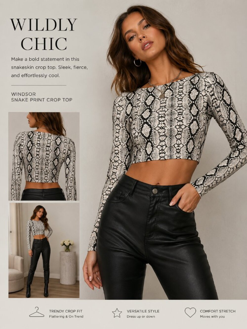 Windsor Snake Print Long Sleeve Crop Top | Y2K Going Out Stretch Small